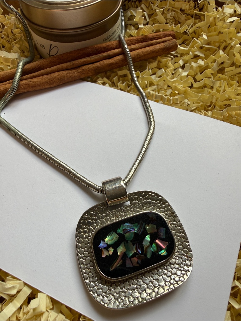 Silver-Tone Pendant Necklace with Iridescent Abalone Inlay